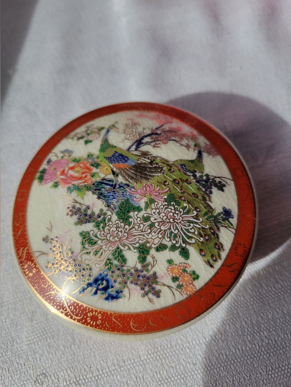 Vintage Porcelain Round Peacock Trinket Box